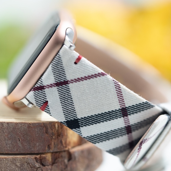 Plaid Checker Apple Watch Band, Leather Band Strap White 38/40/41/42/44/45 mm SE - Picture 3 of 9